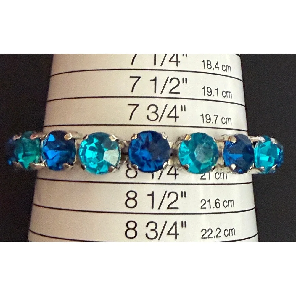 Rhinestone Bangle Bracelet Blue Teal Silver Tone Chunky